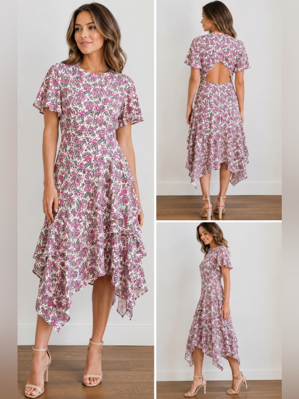 STYLESTALKER Floral Handkerchief Hem Open Back Ruffle Midi Dress S Wedding Guest